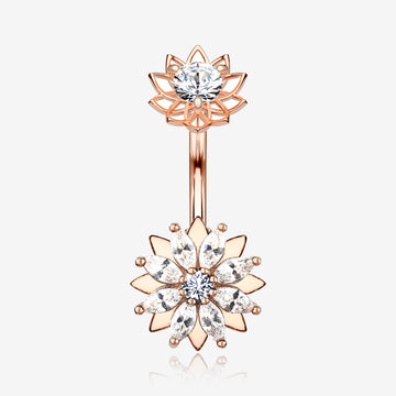Rose Gold Marquise Sparkle Flower Internally Threaded Belly Button Ring-Clear Gem